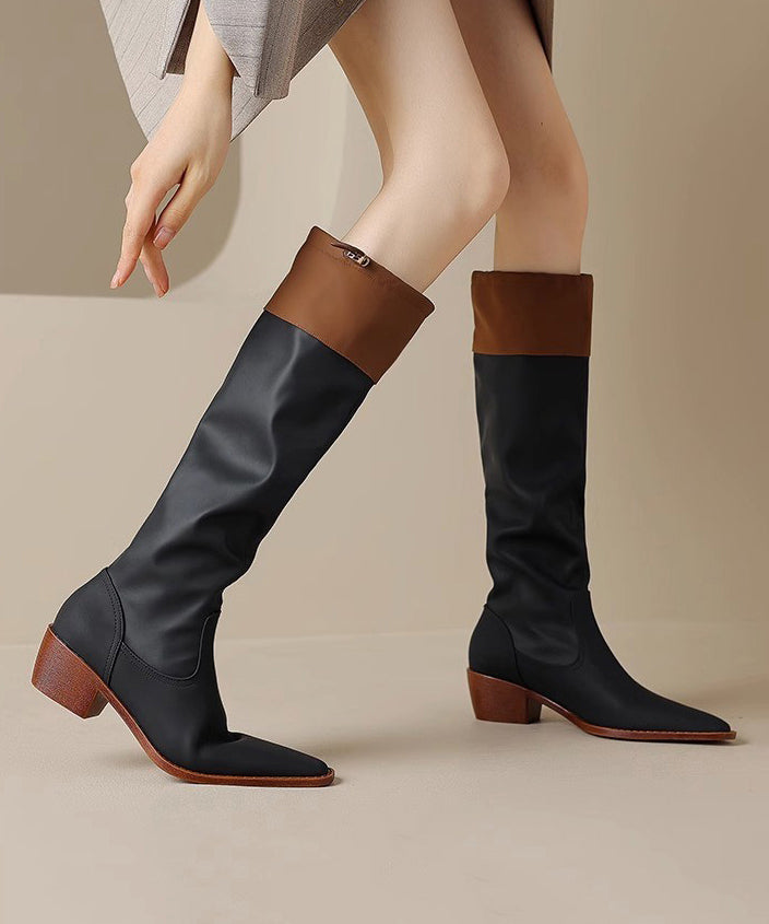 Black Faux Leather Splicing Chunky Knee Boots