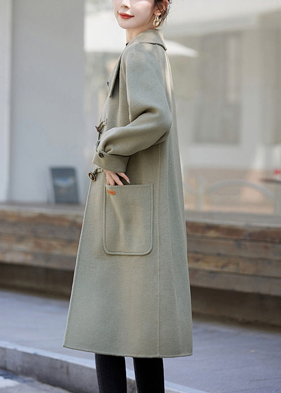 Light Green Button Pockets Patchwork Cashmere Coats Fall