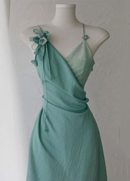 New Green V Neck High Waist Cotton Spaghetti Strap Dress Sleeveless Summer