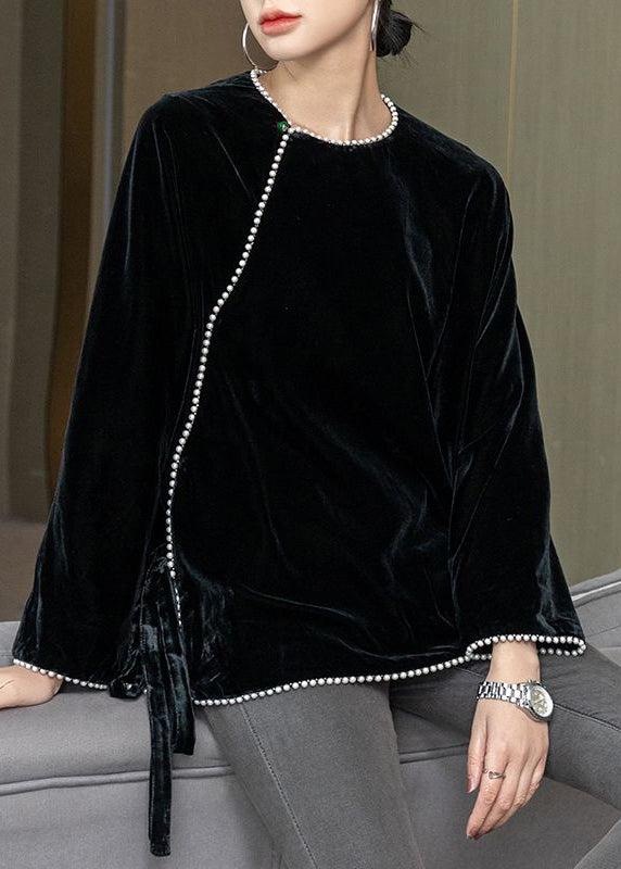 Black Nail Bead Tie Waist Silk Velour Top Fall