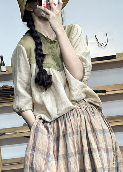 Apricot O-neck Lace Patchwork Linen Top Half Sleeve