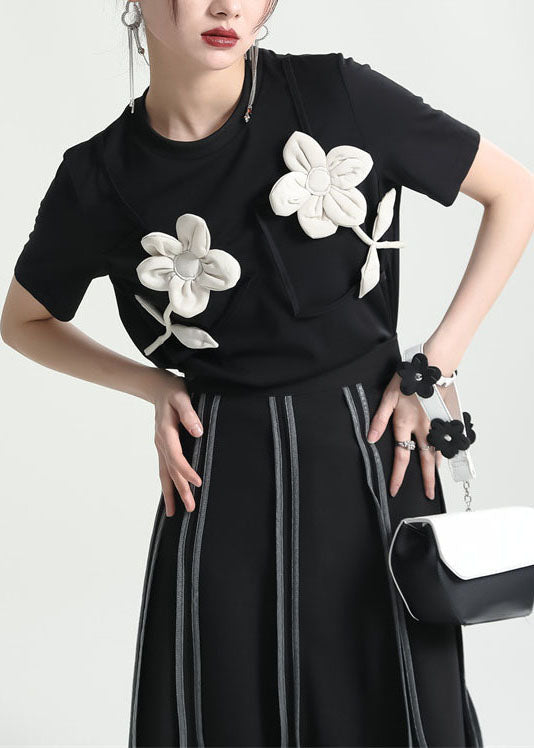 Original Design Black O-neck Patchwork Applique Cotton Tank Tops Short Sleeve