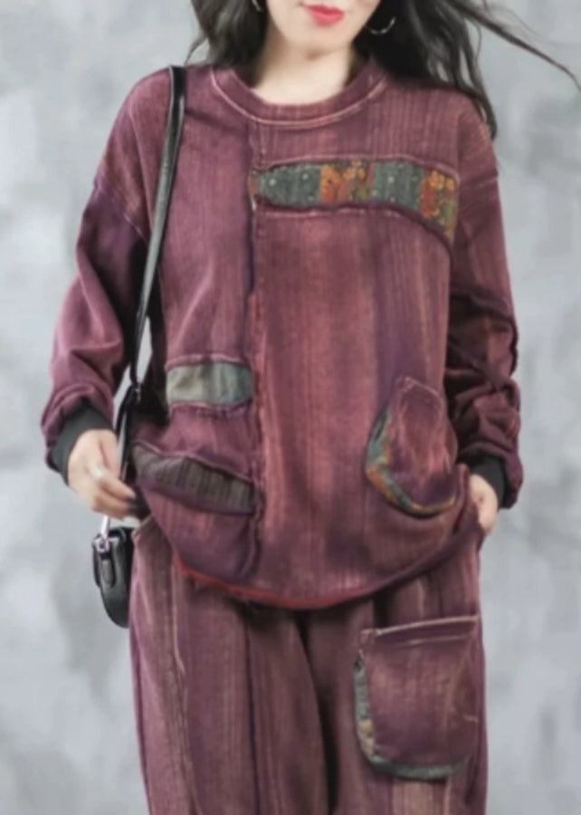 Purple O Neck Pockets Patchwork Cotton Top Spring