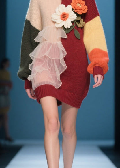 Modern O-neck Ruffled Knit Long Knit Dress Winter