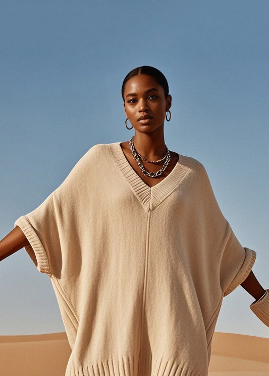 V Neck Mid Knit Sweater Dress Batwing Sleeve