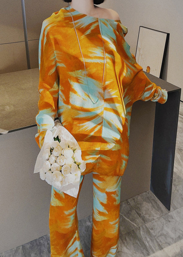 Italian Yellow Print Silk Two Piece Set Clothing Long Sleeve