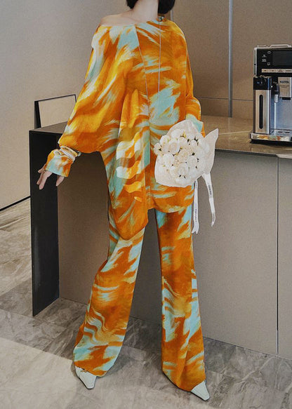 Italian Yellow Print Silk Two Piece Set Clothing Long Sleeve