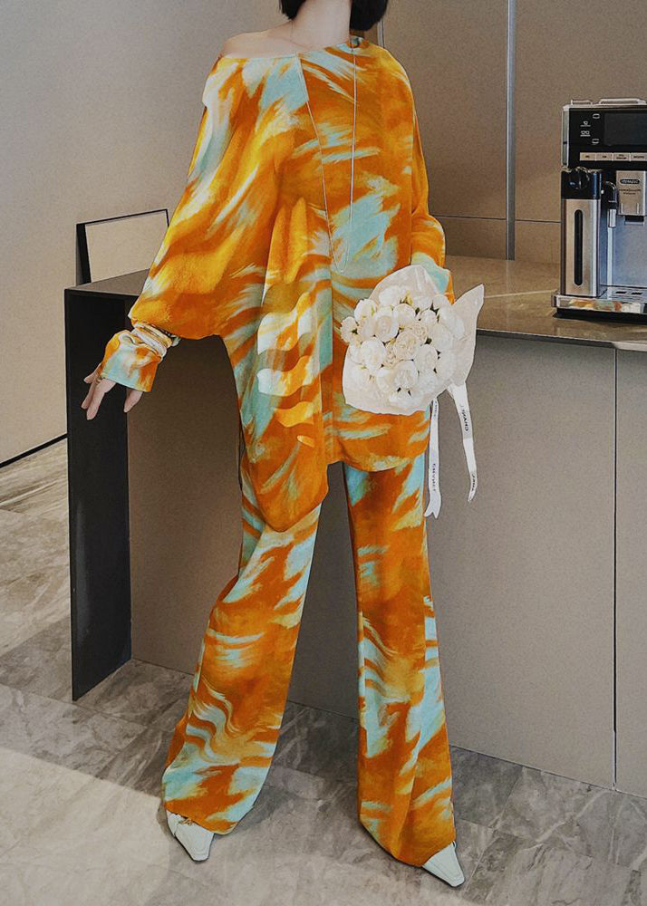 Italian Yellow Print Silk Two Piece Set Clothing Long Sleeve