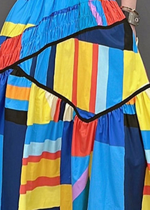 Loose Multi Striped Wrinkled Patchwork Pockets Elastic Waist Skirt Summer