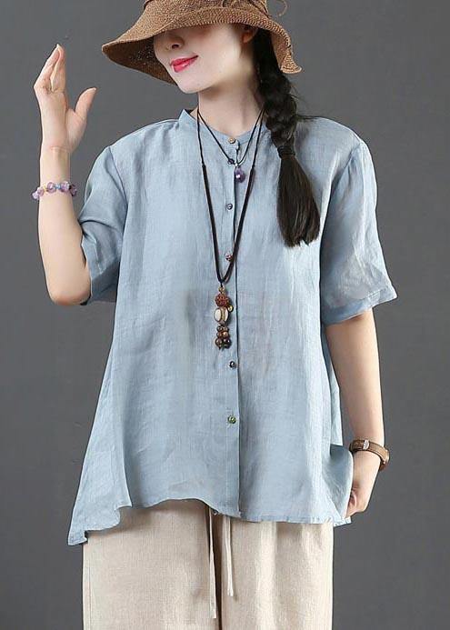 Style Blue Half Sleeve Linen Shirt Tops Summer