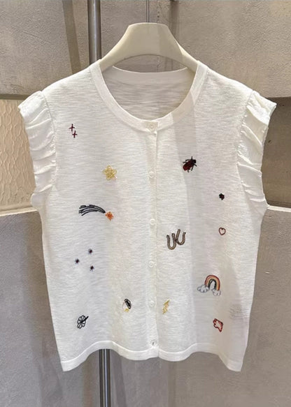 Grey Embroideried Button Down Cotton Vests Sleeveless