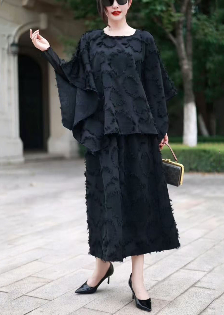 Loose Black O Neck Tops and Skirts Cotton Sets 2 Pieces Fall