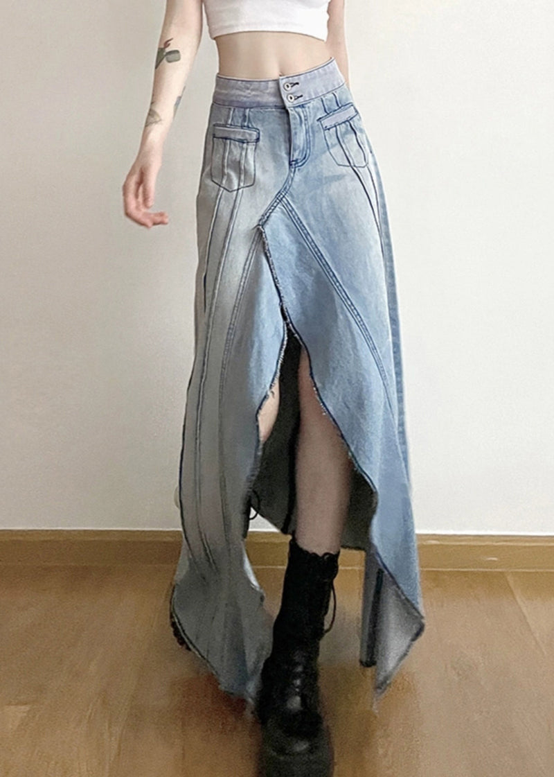 Modern Denim Blue Asymmetrical Ruffled Patchwork High Waist a Line Skirt Spring