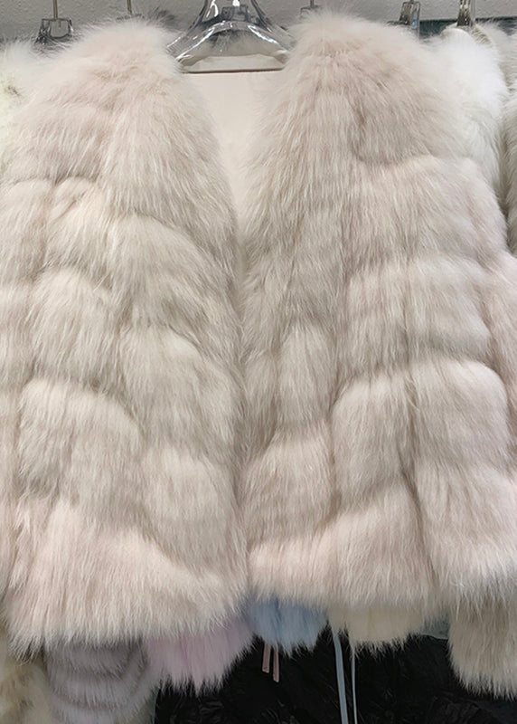 Light Pink V Neck Patchwork Leather and Fur Coats Winter