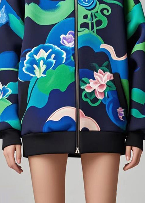Navy Oversized Print Cotton Hoodie Coat Fall