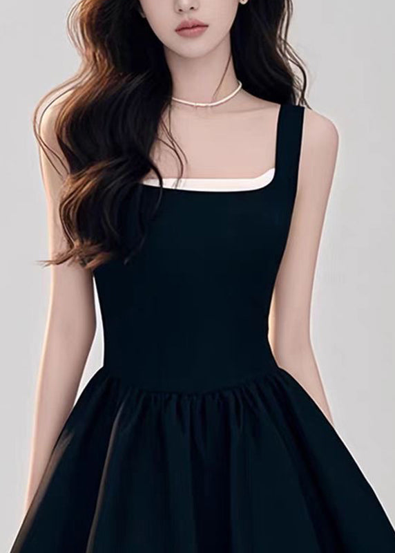 Novelty Black Square Collar Mid Spaghetti Strap Dress Summer