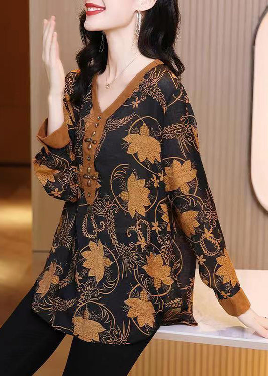 Yellow V Neck Print Patchwork Silk Shirt Top Fall