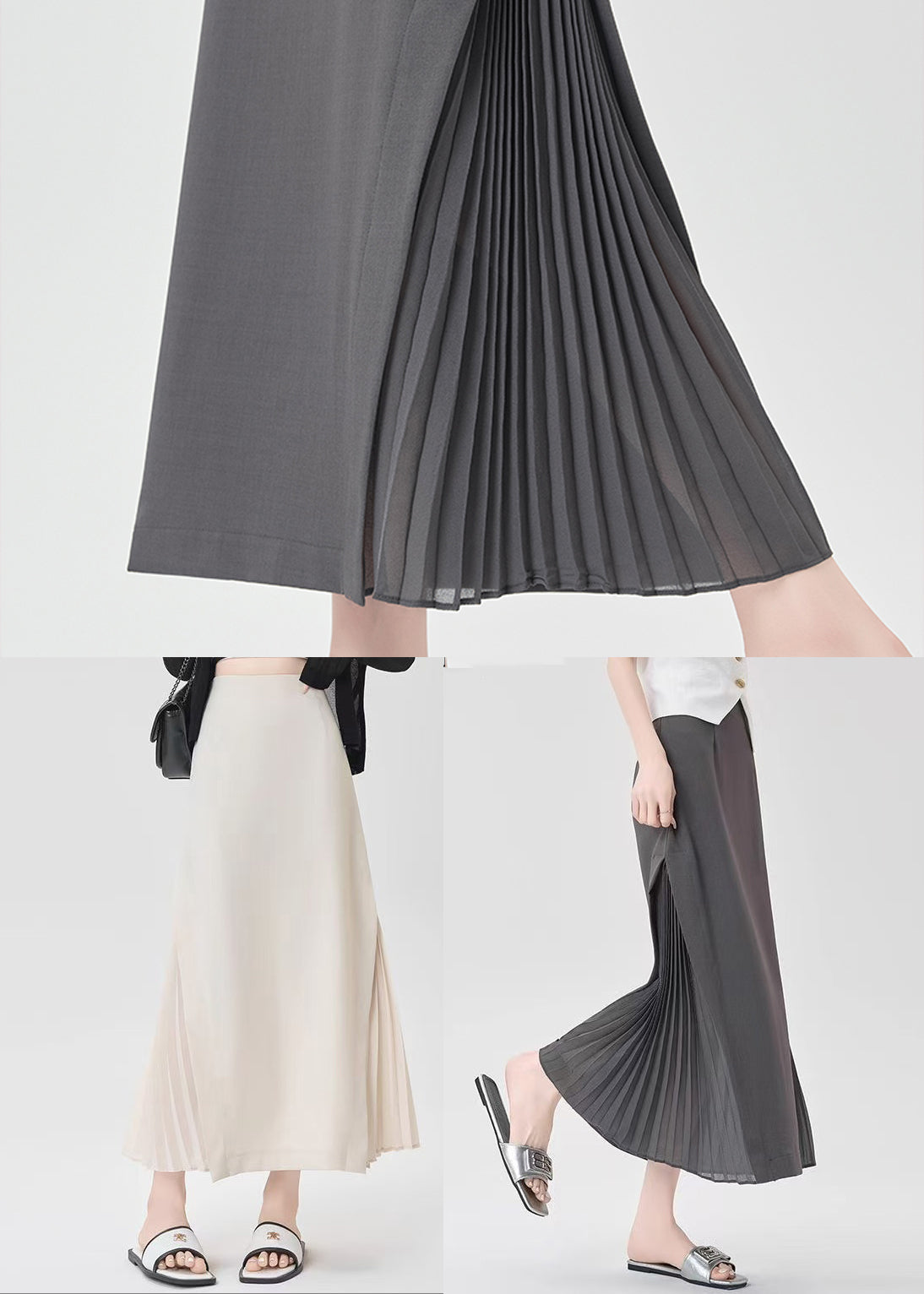 Classy Grey Patchwork Wrinkled Chiffon a Line Skirt Fall