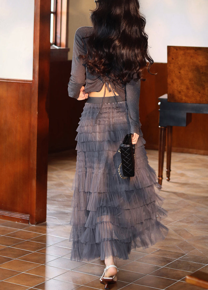 Novelty Grey Cinched Zircon Tops and Tulle Skirts Two Pieces Set Fall