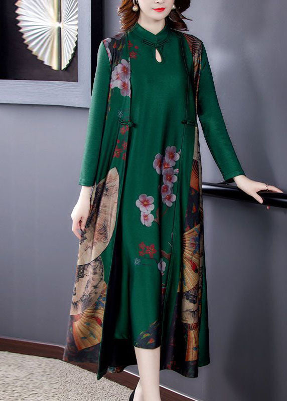 Green Print Chinese Button Silk Fake Two Piece Oriental Dresses Spring