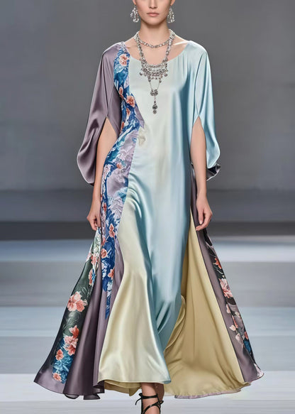 Multicolour Patchwork Exra Large Hem Silk Dress Batwing Sleeve