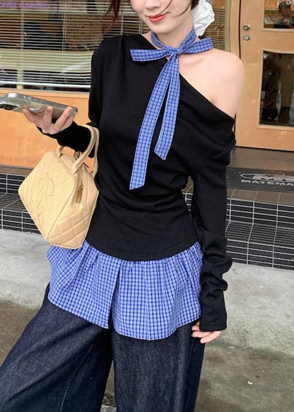 Black Cold Shoulder Plaid Patchwork Cotton T Shirts Fall