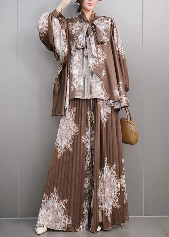 Coffee Asymmetrical Sashes Chiffon Top and Maxi Skirts Two Pieces Set Long Sleeve