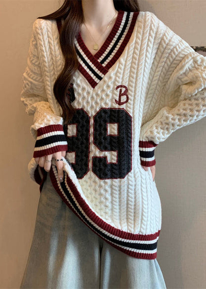 White Oversized Embroidered Knit Sweater Tops Fall