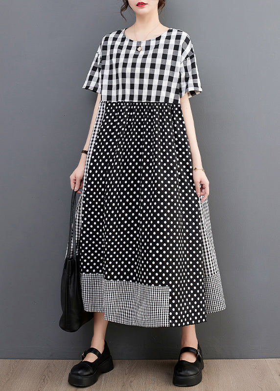 Natural O-neck Plaid Dot Patchwork Maxi Dresses Summer
