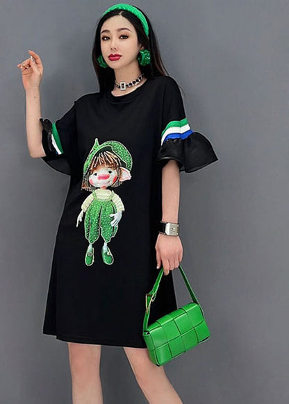 Natural Black O-neck Patchwork Ruffles Print Cotton Maxi Dresses Short Sleeve