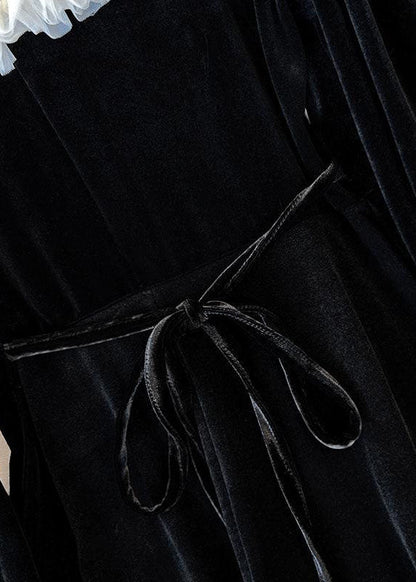 Fine Black O Neck Patchwork Ruffled Velour Mid Dress Spring