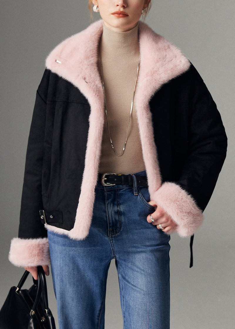 French Pink Fluffy Wear on Both Sides Faux Suede Coats Winter
