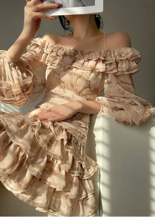 Boutique Beige Slash Neck Ruffles Chiffon Maxi Spaghetti Strap Dresses Puff Sleeve