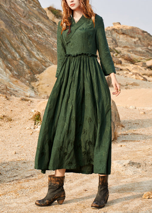 Green Cinched V Neck Ruffled Silk Holiday Dress Long Sleeve