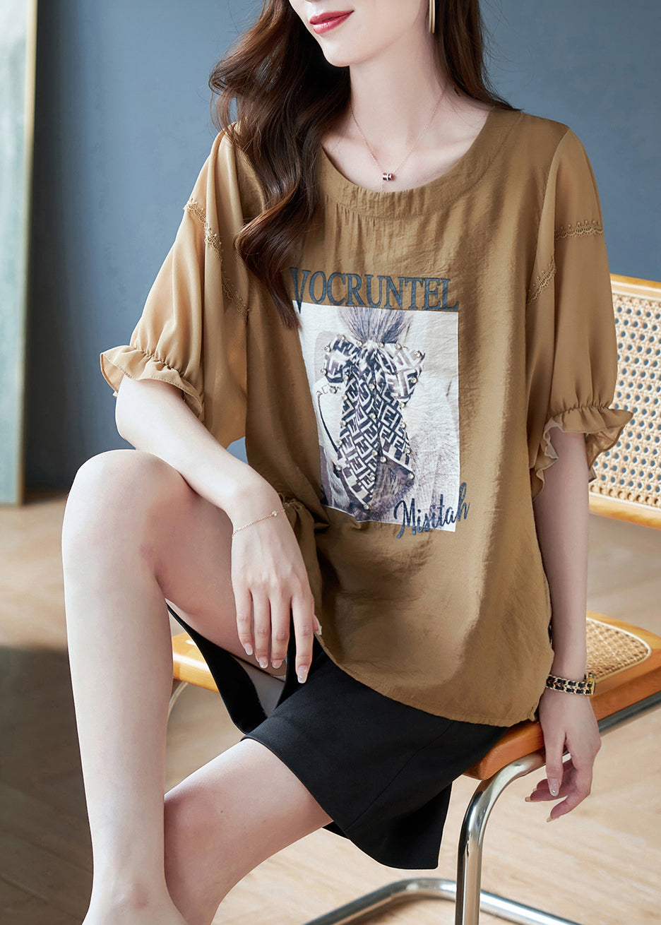 Coffee O-neck Print Drawstring Chiffon T Shirts Batwing Sleeve