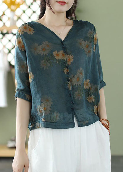 Blue V Neck Button Print Cotton Shirt Summer