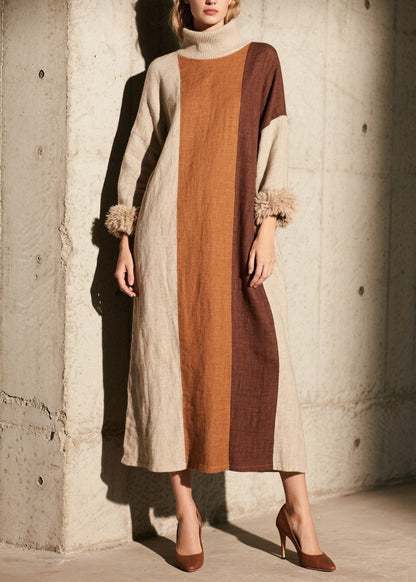 Colorblock Hign Neck Patchwork Cotton Dress Fall