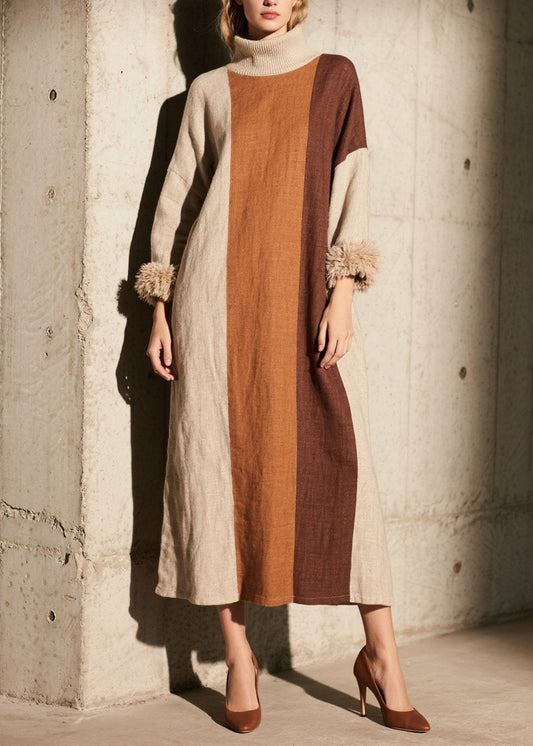 Colorblock Hign Neck Patchwork Cotton Dress Fall