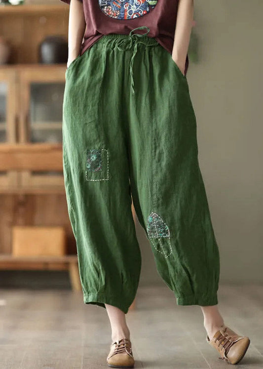 Green Pockets Print Elastic Waist Linen Harem Pants Summer