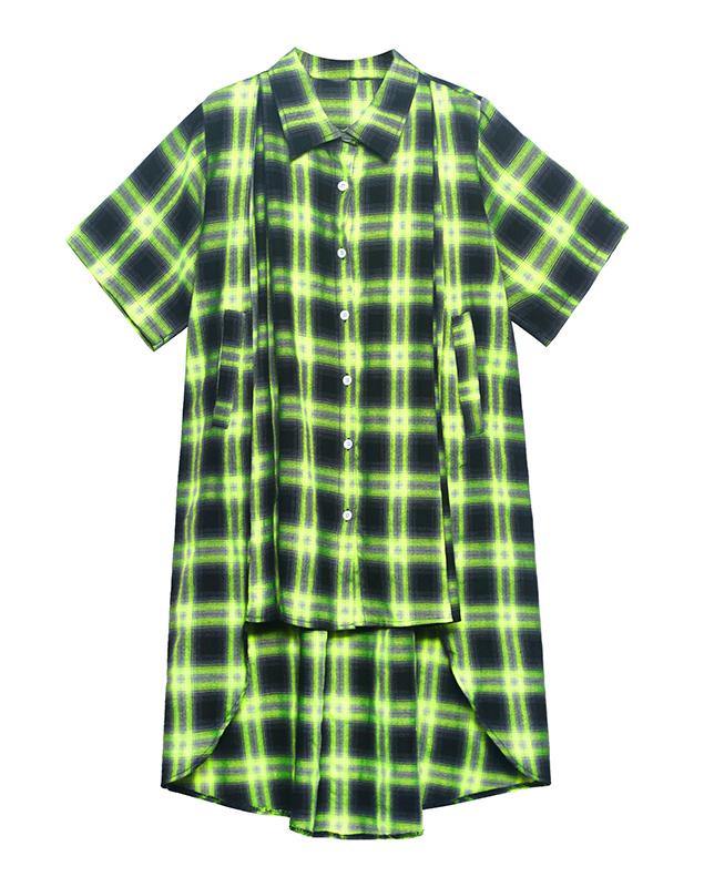 Green Plaid Cotton Buttonlow High Design Summer Maxi Dresses