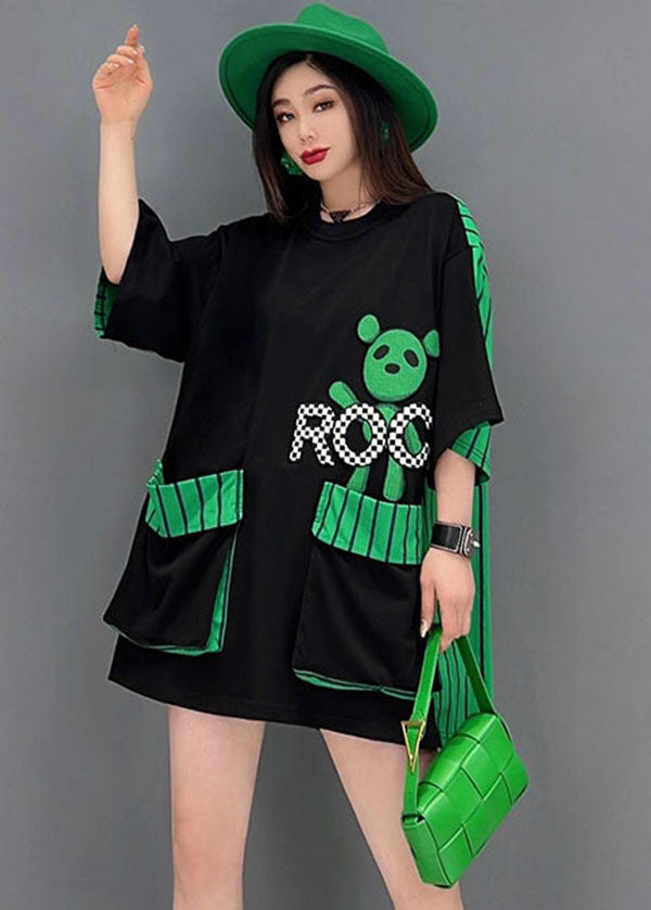 French Black O-neck Character Print Patchwork Striped Oversized Pockets Cotton Tanks Tops Short Sleeve