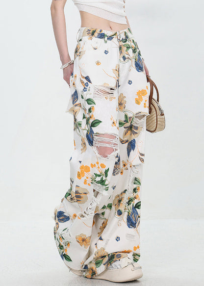 French Black Hole Print High Waist Denim Wide Leg Pants Summer
