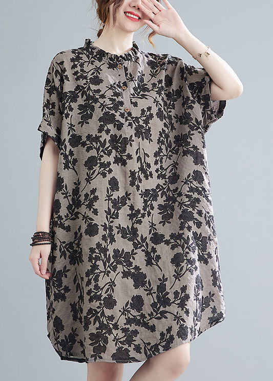 Stand Collar Button Print Linen Dress Short Sleeve