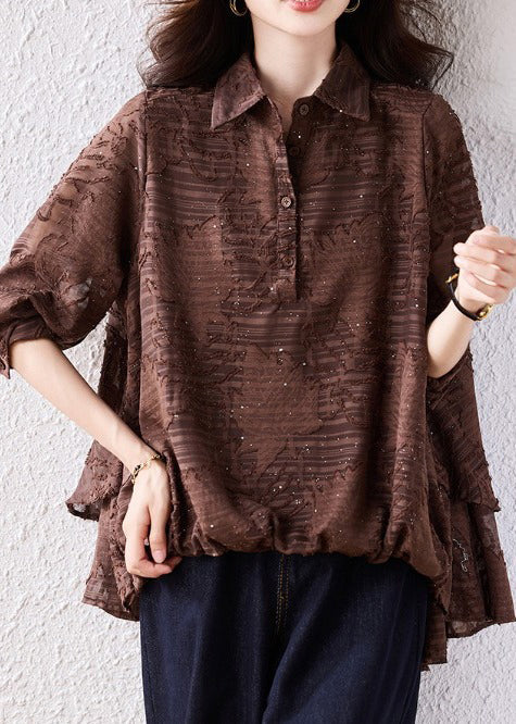 Brown Oversized Jacquard Chiffon Blouse Top Fall
