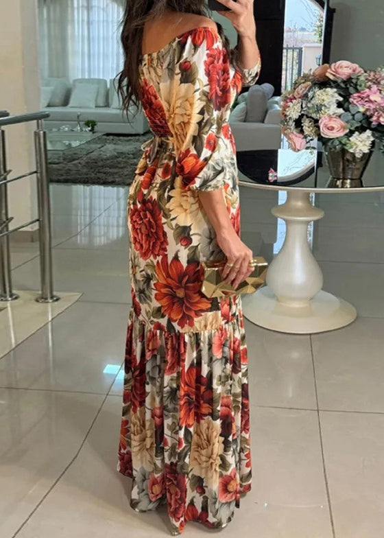 Photo Color V Neck Print Cotton Long Dresses Bracelet Sleeve