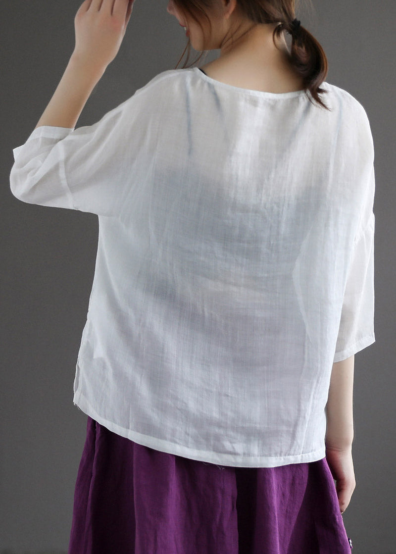 Classy Coffee O-neck Embroideried Button Linen Shirt Half Sleeve