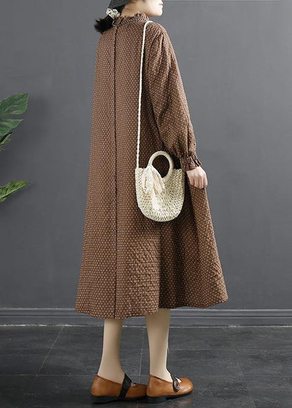 Stand Collar Tunic Dress Work Outfits Chocolate Dotted Maxi Dress
