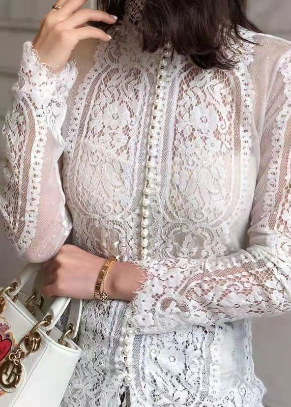 White V Neck Pearl Button Lace Shirt Long Sleeve