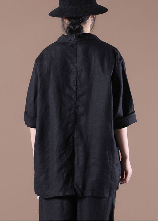 Black Pockets Linen Coat Peter Pan Collar Button Long Sleeve