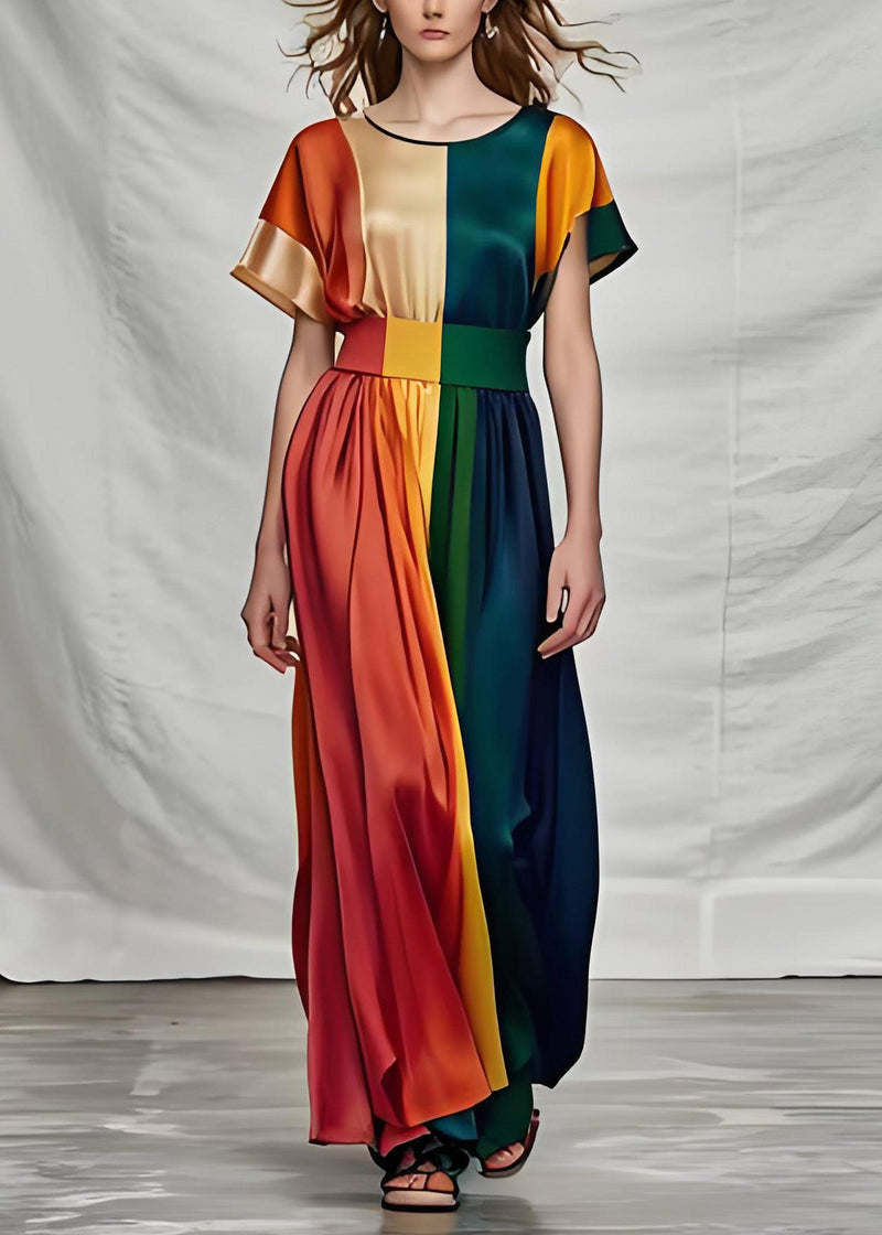 Organic Colorblock O Neck Silk Dress Summer
